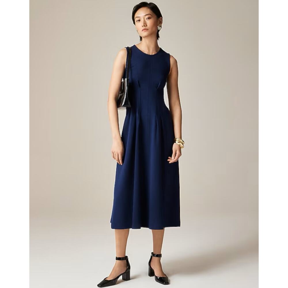J.Crew Nadia Midi Dress WMNS M Navy Sleeveless Seamed Waist Ponte Knit Back Zip